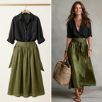 Vera™ | Two-Piece Set: Black Top and Olive Green Midi Skirt
