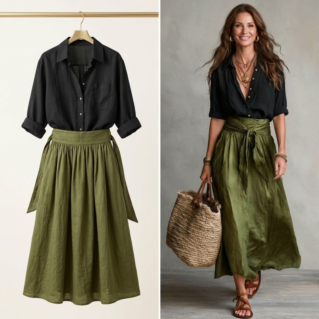 Vera™ | Two-Piece Set: Black Top and Olive Green Midi Skirt