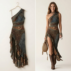 Elena | Bold One-Shoulder Printed Maxi Dress with Ruffled Slit